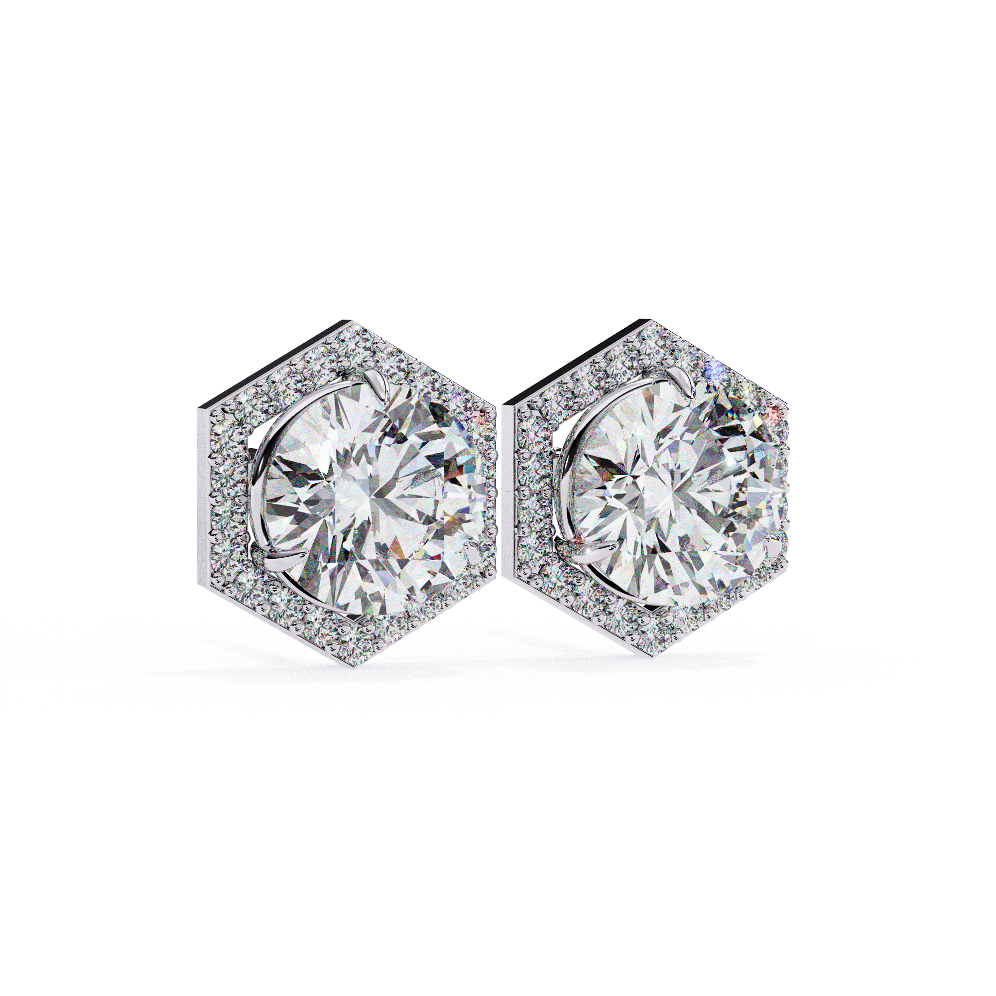 Modern white gold hexagon halo diamond stud earrings for everyday wear