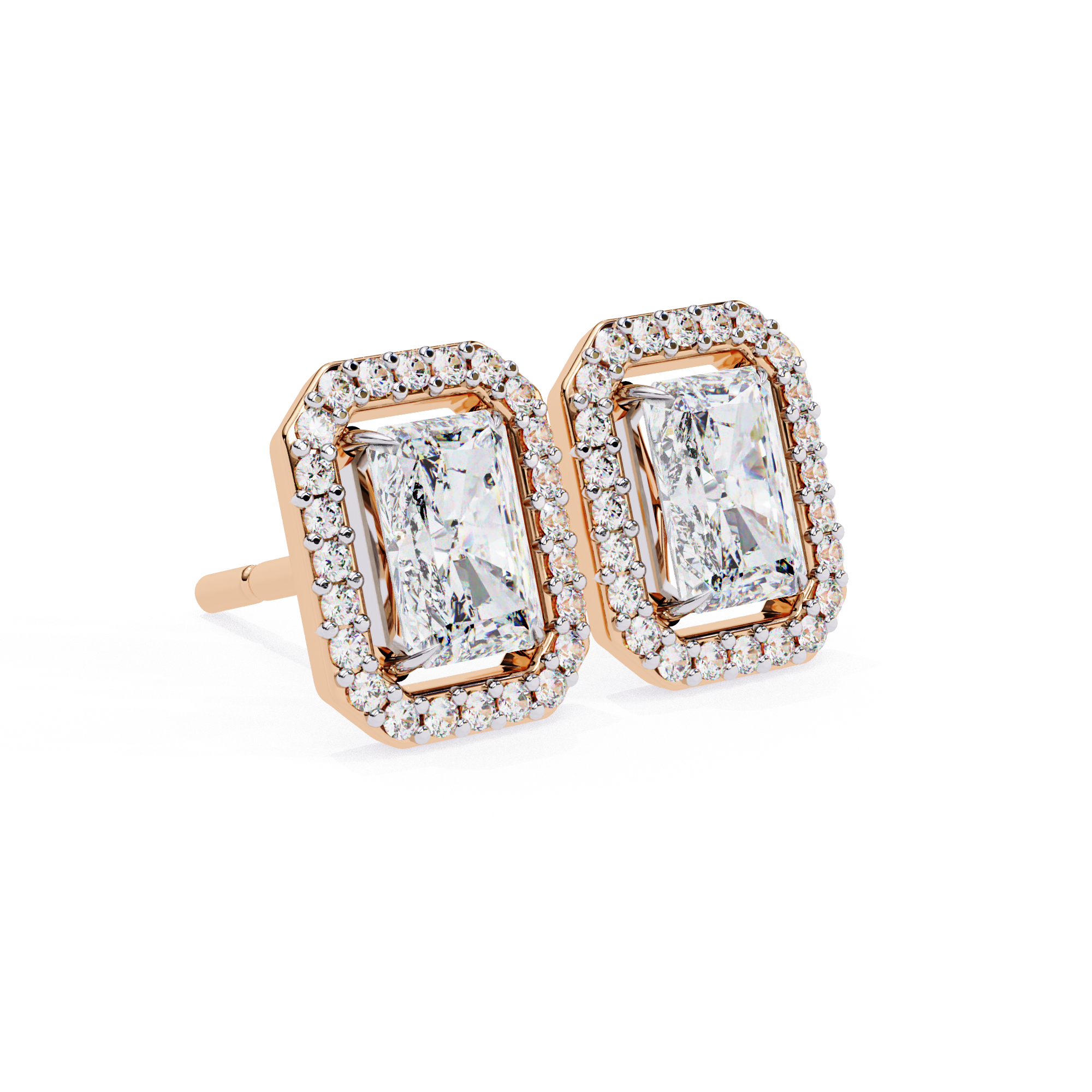 Radiant cut diamond halo stud earrings in Rose Gold