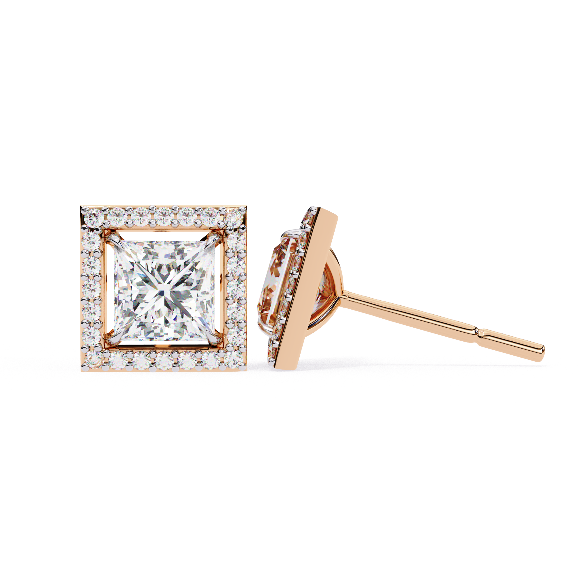Square princess cut diamond halo stud earrings in Rose Gold