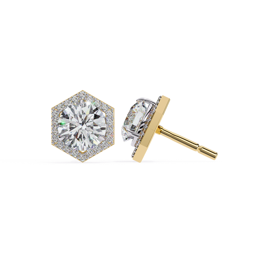 Hexagon halo diamond stud earrings in gold