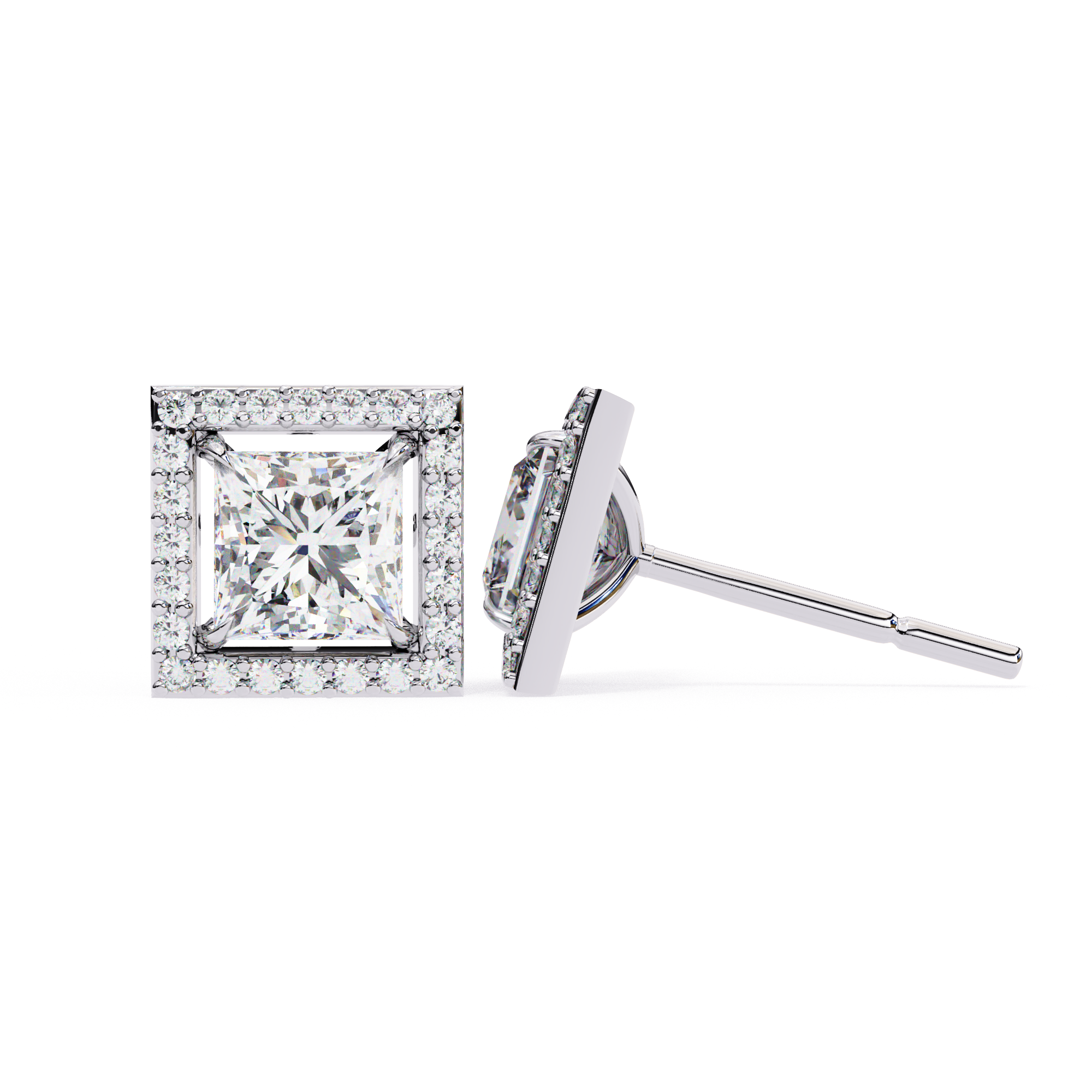 Square princess cut diamond halo stud earrings in White Gold