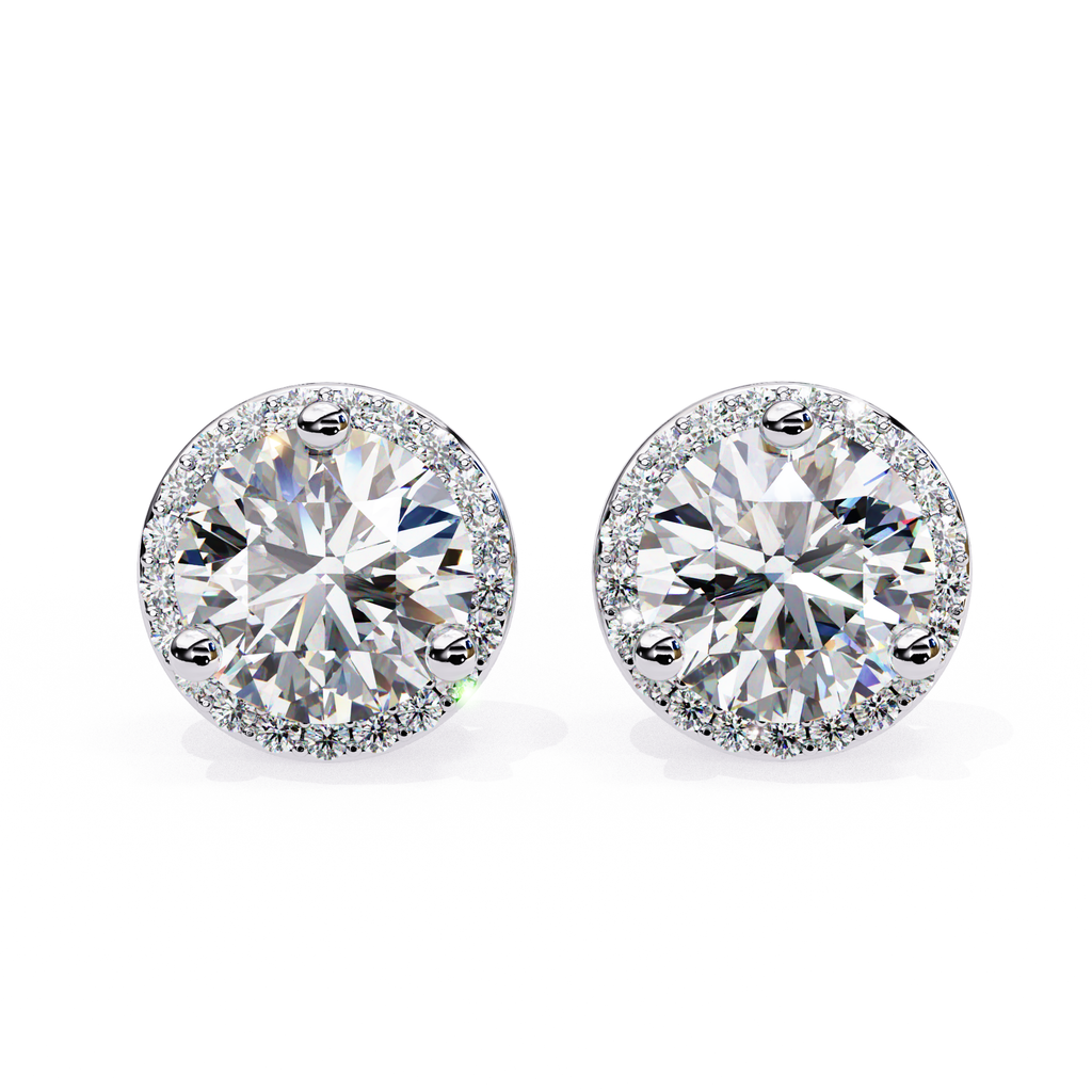 Elegant round cut diamond stud earrings with halo setting