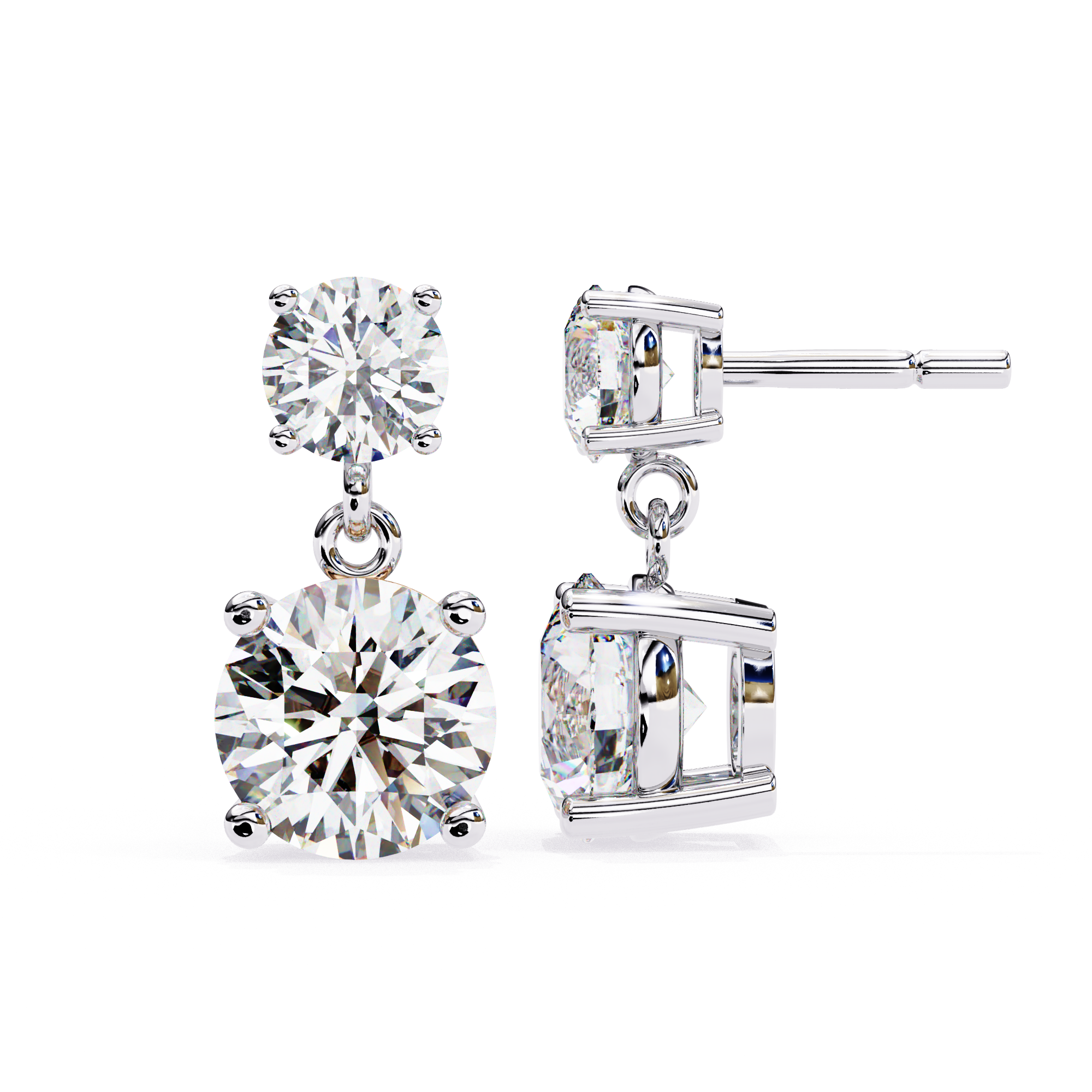 Double drop round diamond stud earrings White Gold
