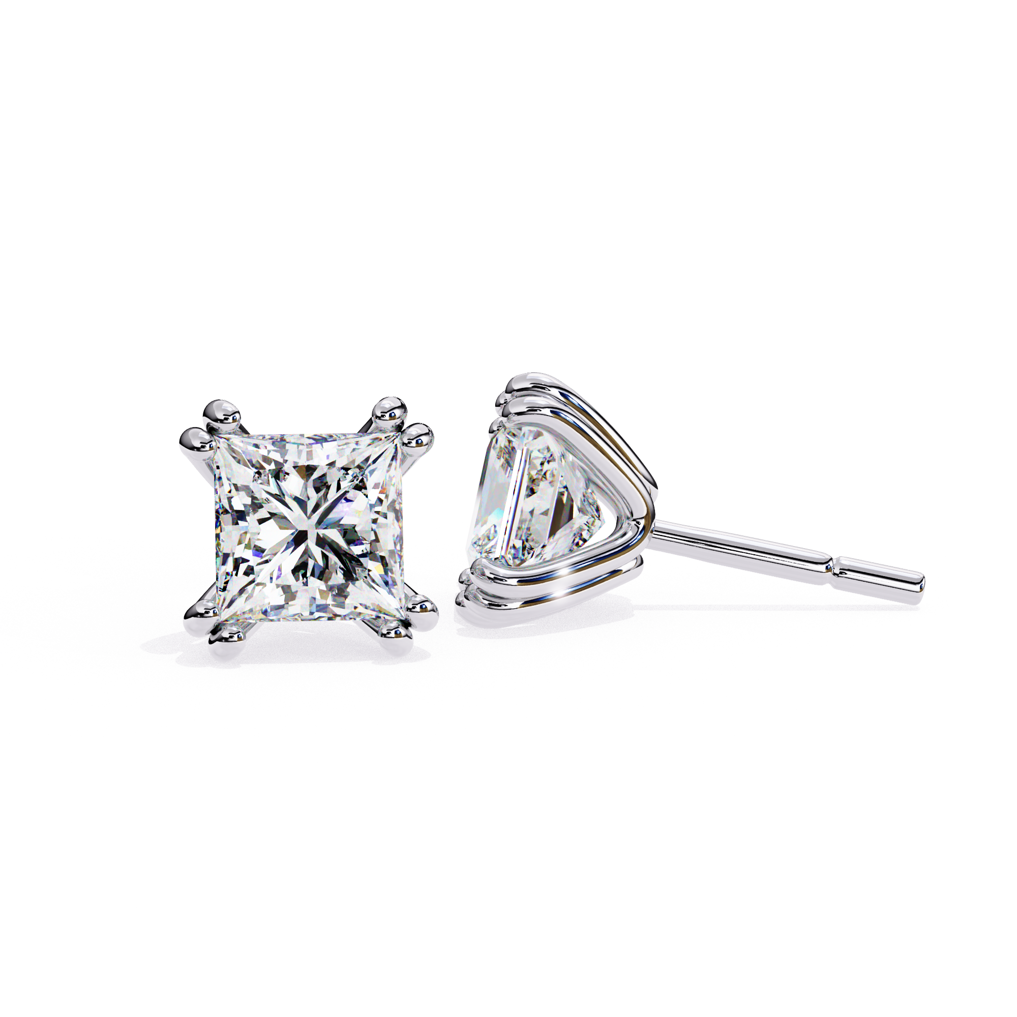 Square princess cut diamond stud earrings in White Gold