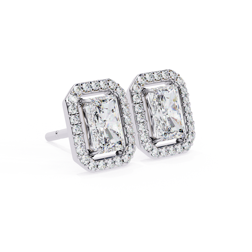 Radiant cut diamond halo stud earrings in White Gold