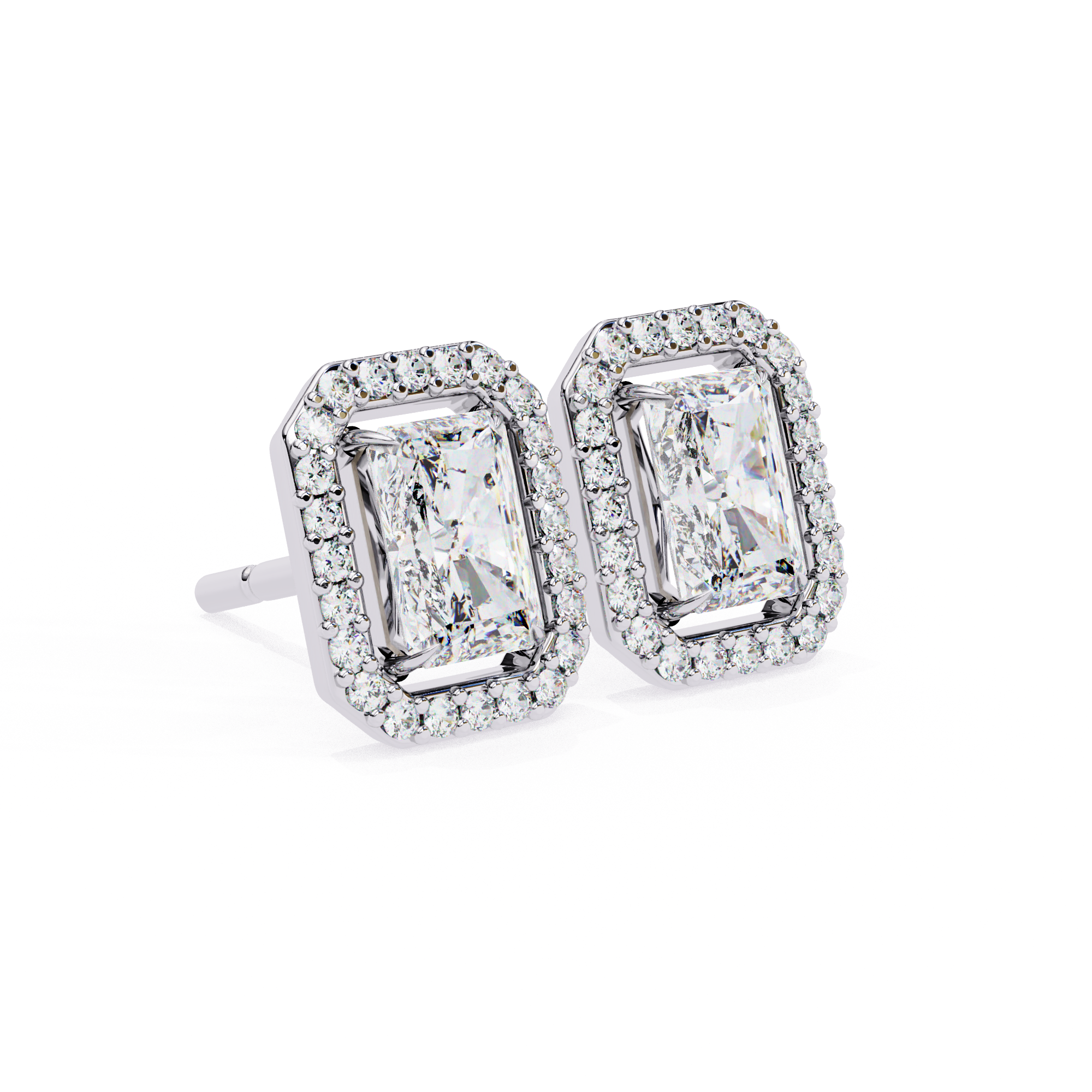 Radiant cut diamond halo stud earrings in White Gold