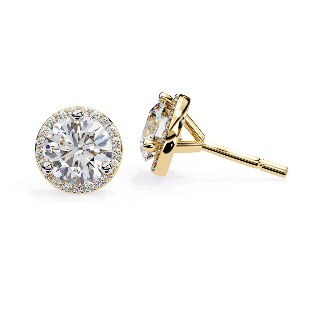 Round halo diamond stud earrings in gold