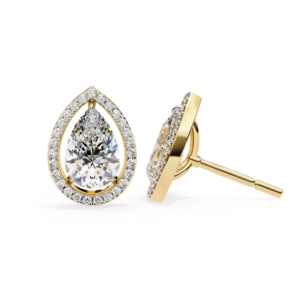 Pear shaped diamond halo stud earrings in gold