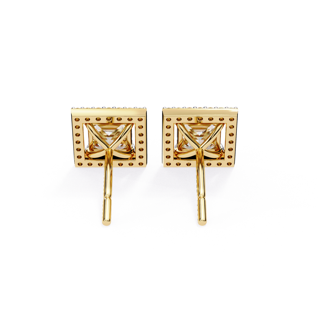 Premium gold princess cut halo diamond stud earrings
