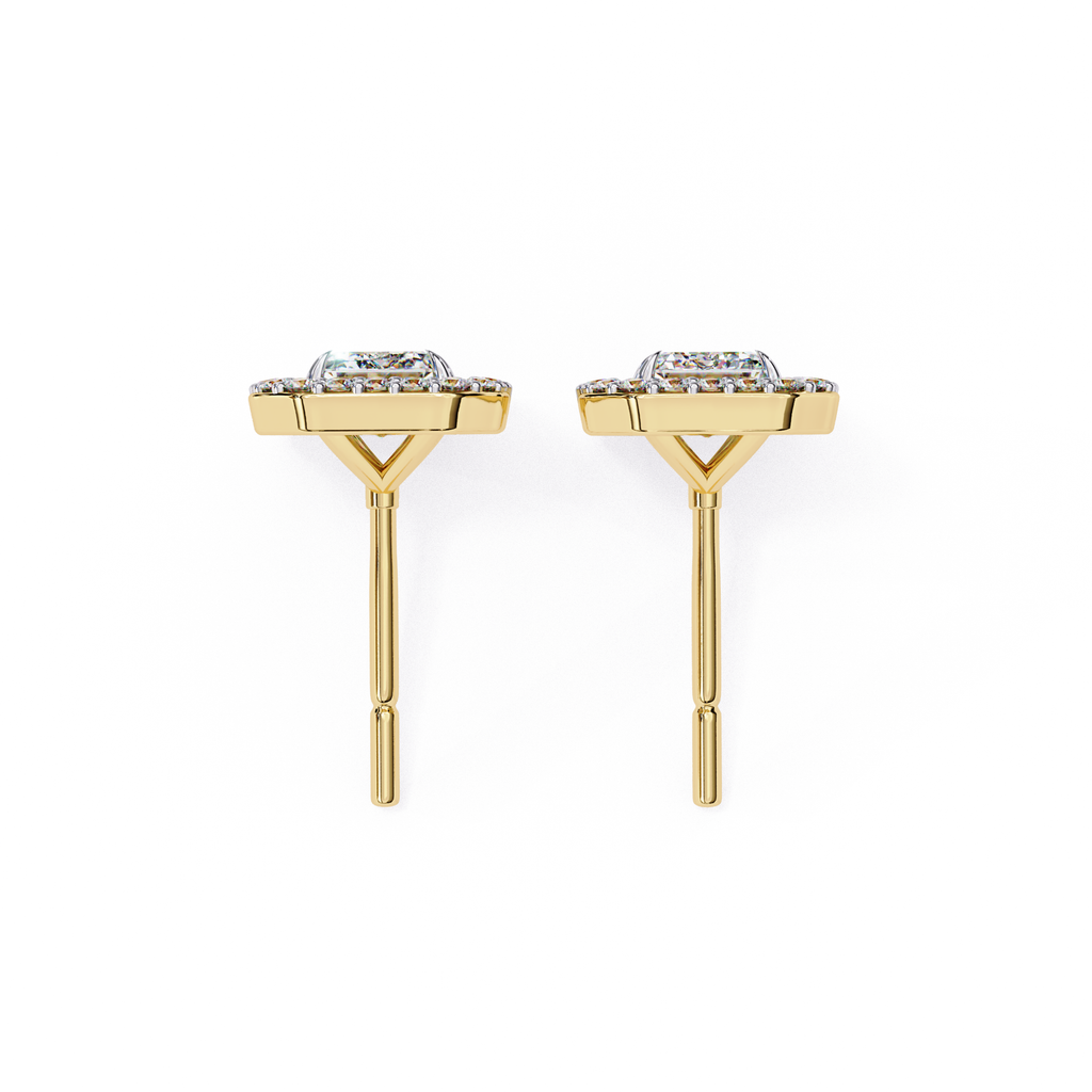 Premium gold Emerald cut halo diamond stud earrings