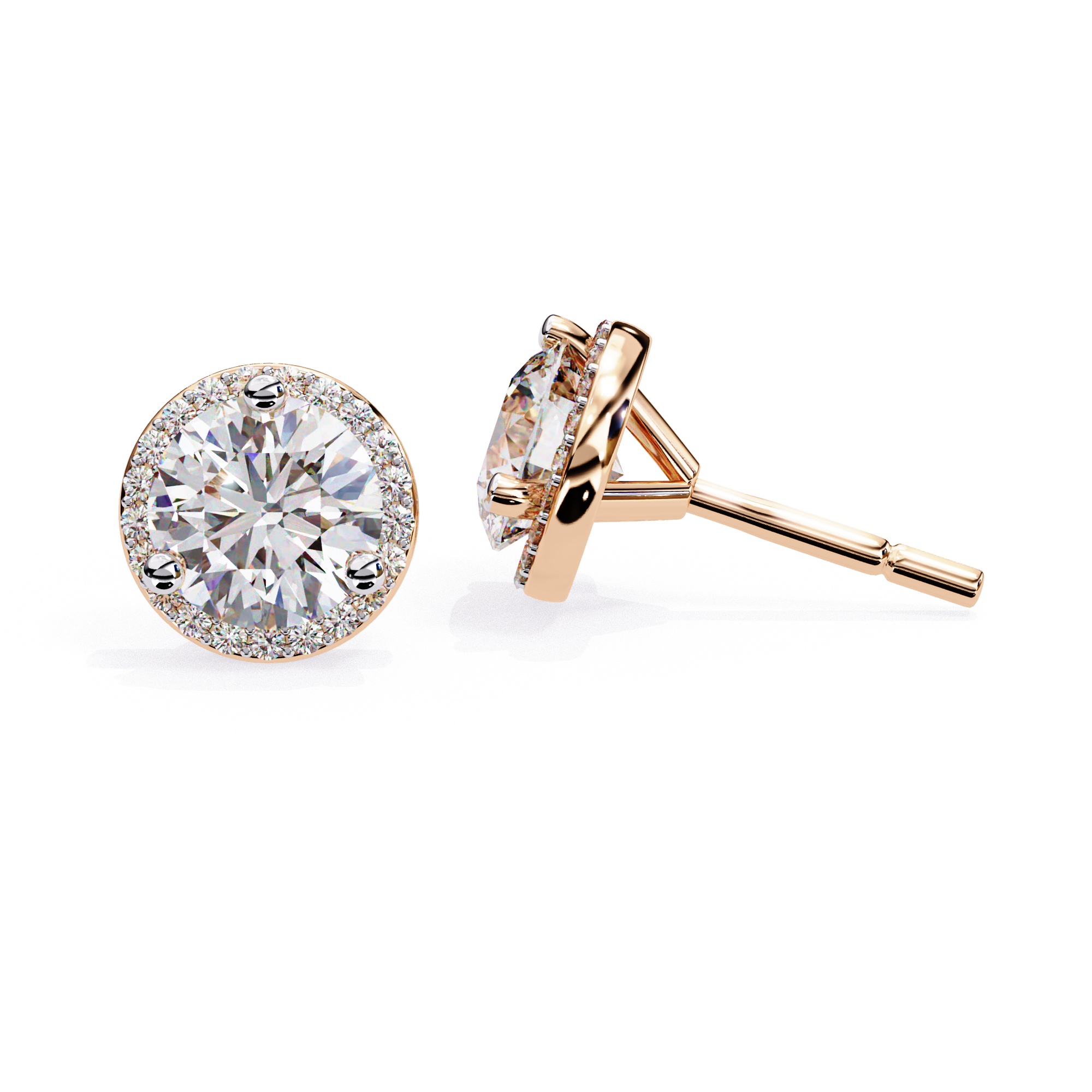 Round halo diamond stud earrings in Rose Gold