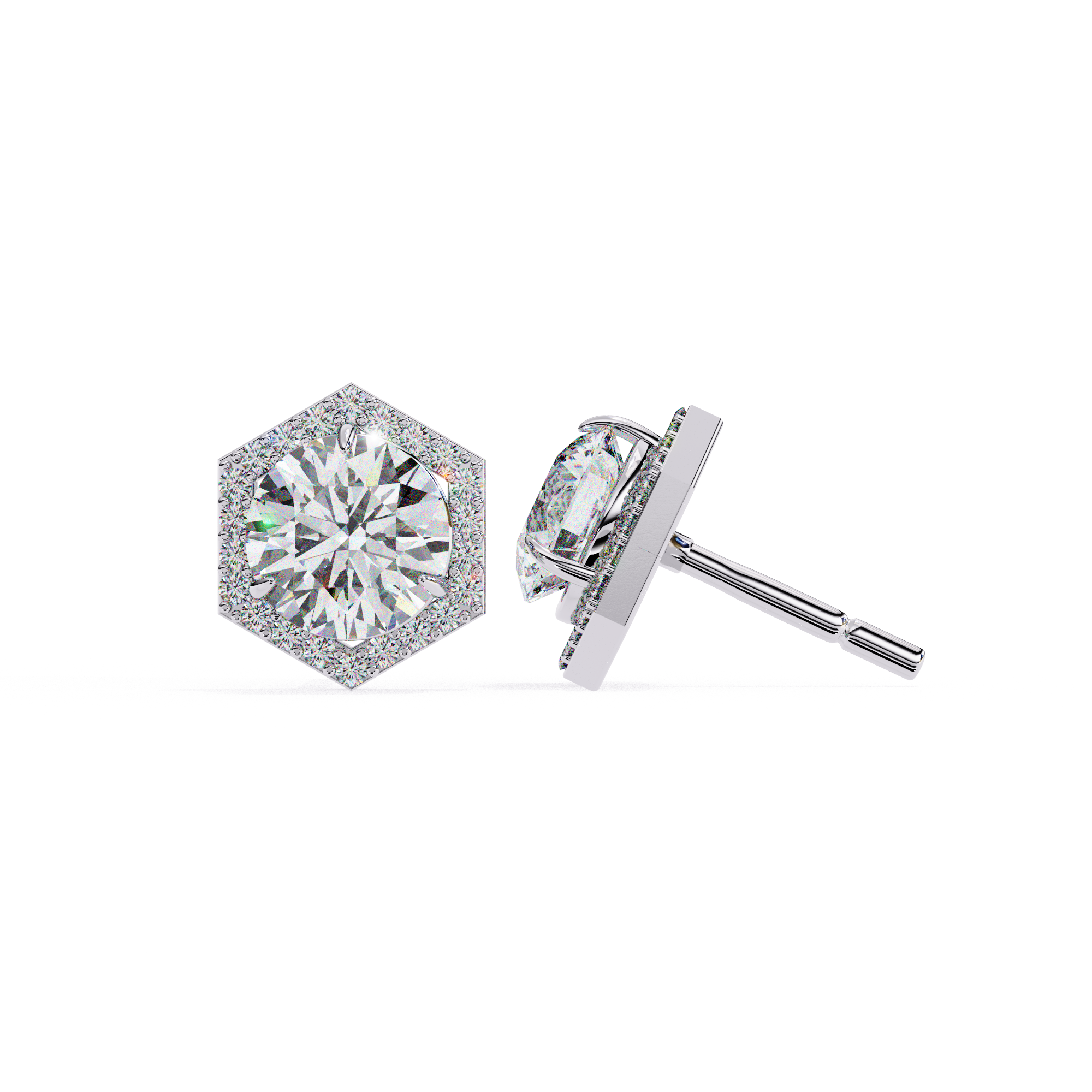 Hexagon halo diamond stud earrings in White Gold