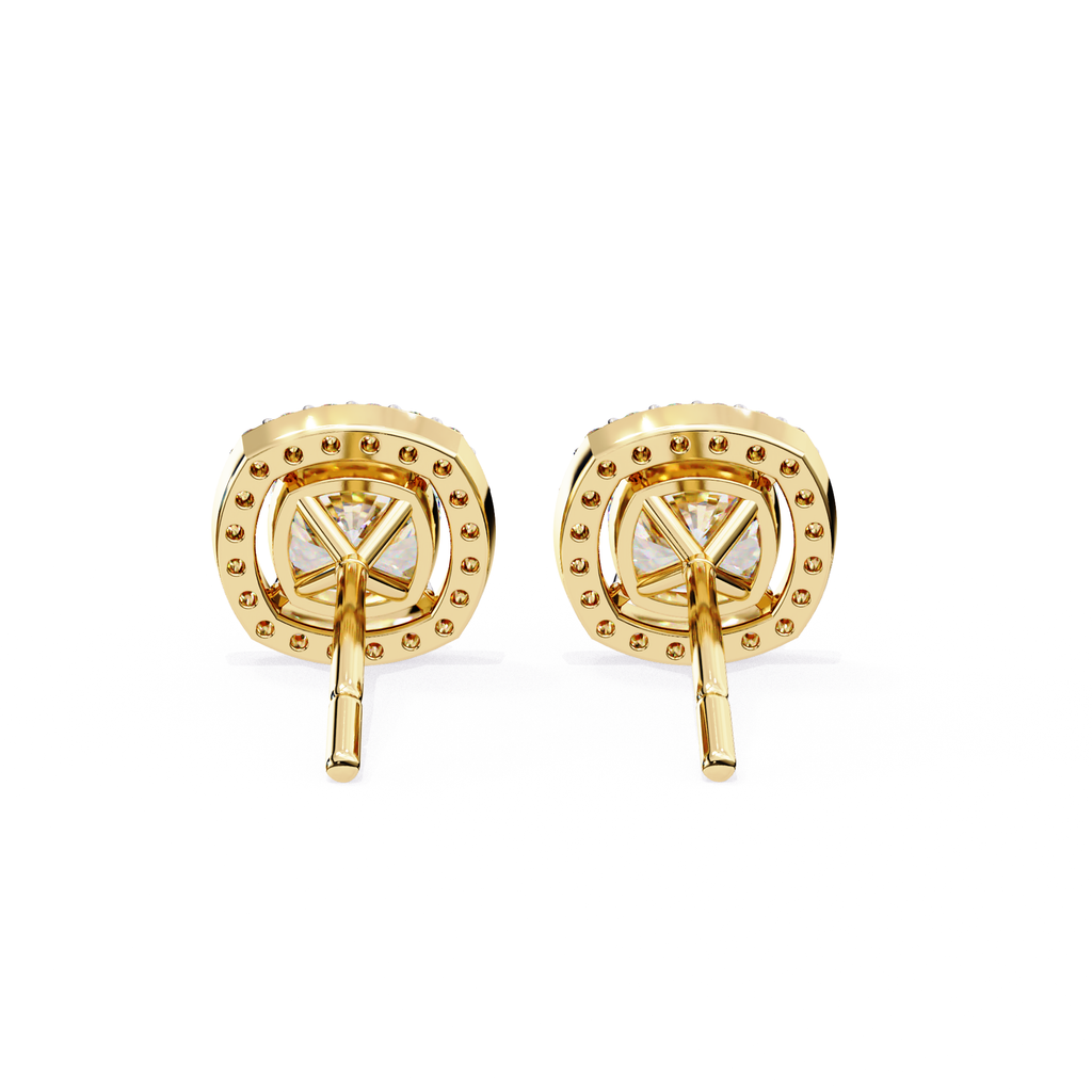 Premium gold Cushion cut halo diamond stud earrings