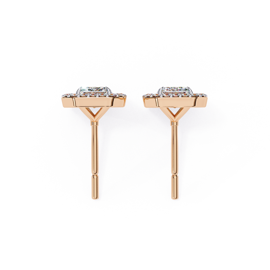 Premium rose gold Emerald cut halo diamond stud earrings