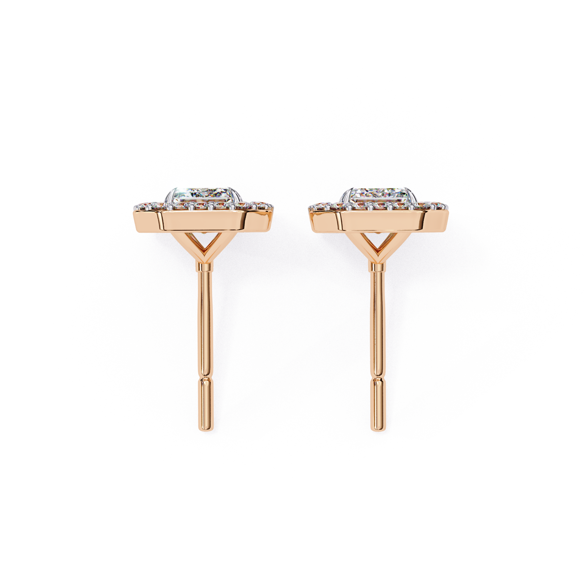 Premium rose gold Emerald cut halo diamond stud earrings