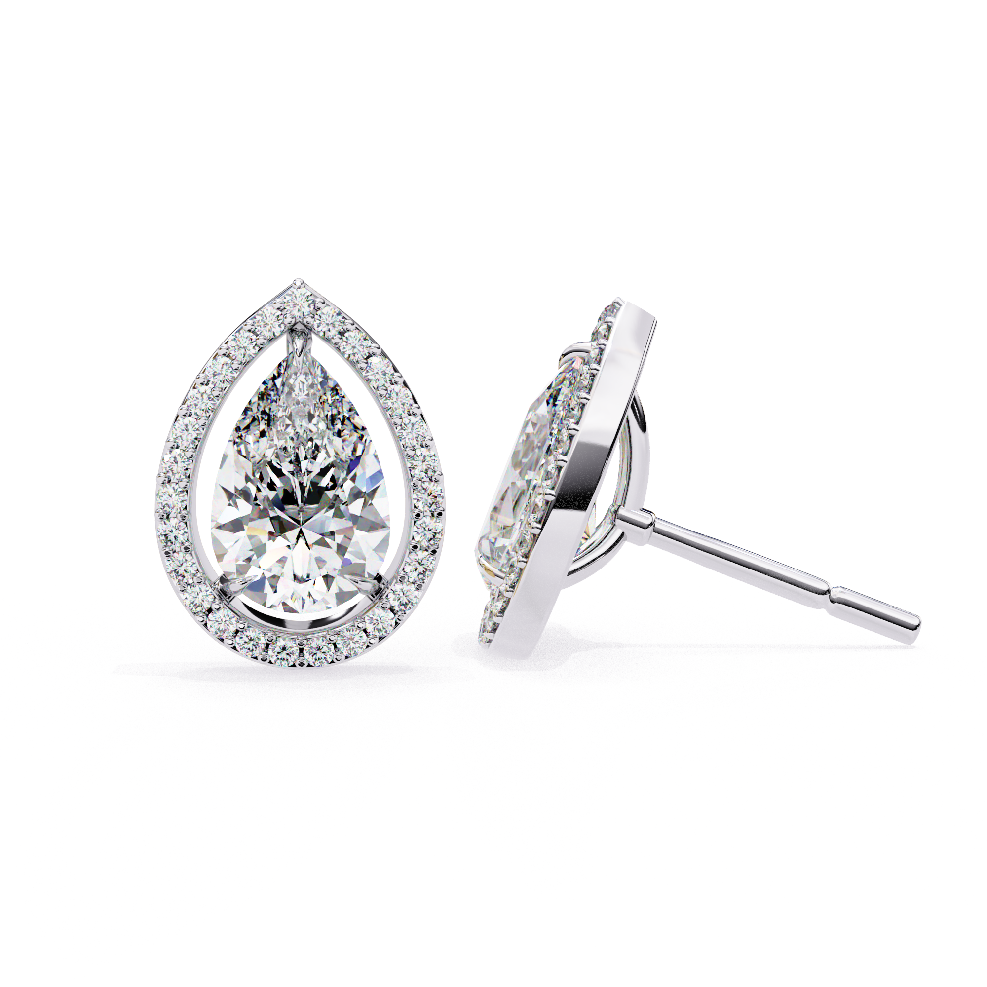 Pear shaped diamond halo stud earrings in White Gold