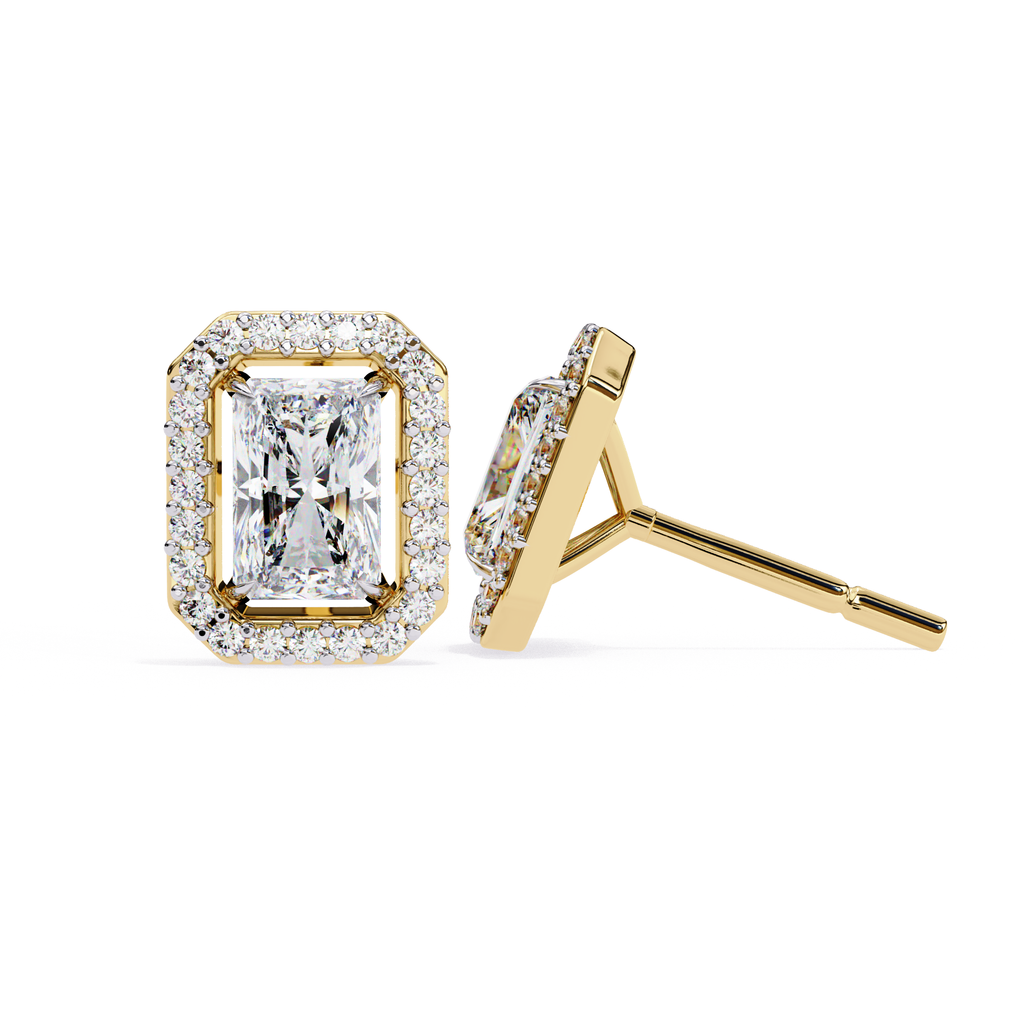 Minimal Radiant cut diamond halo stud earrings everyday wear
