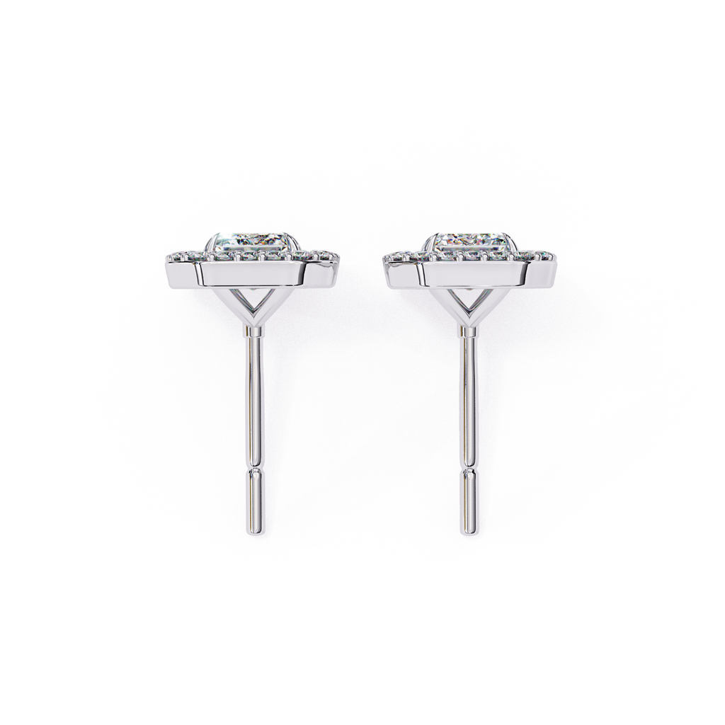 Premium white gold Emerald cut halo diamond stud earrings