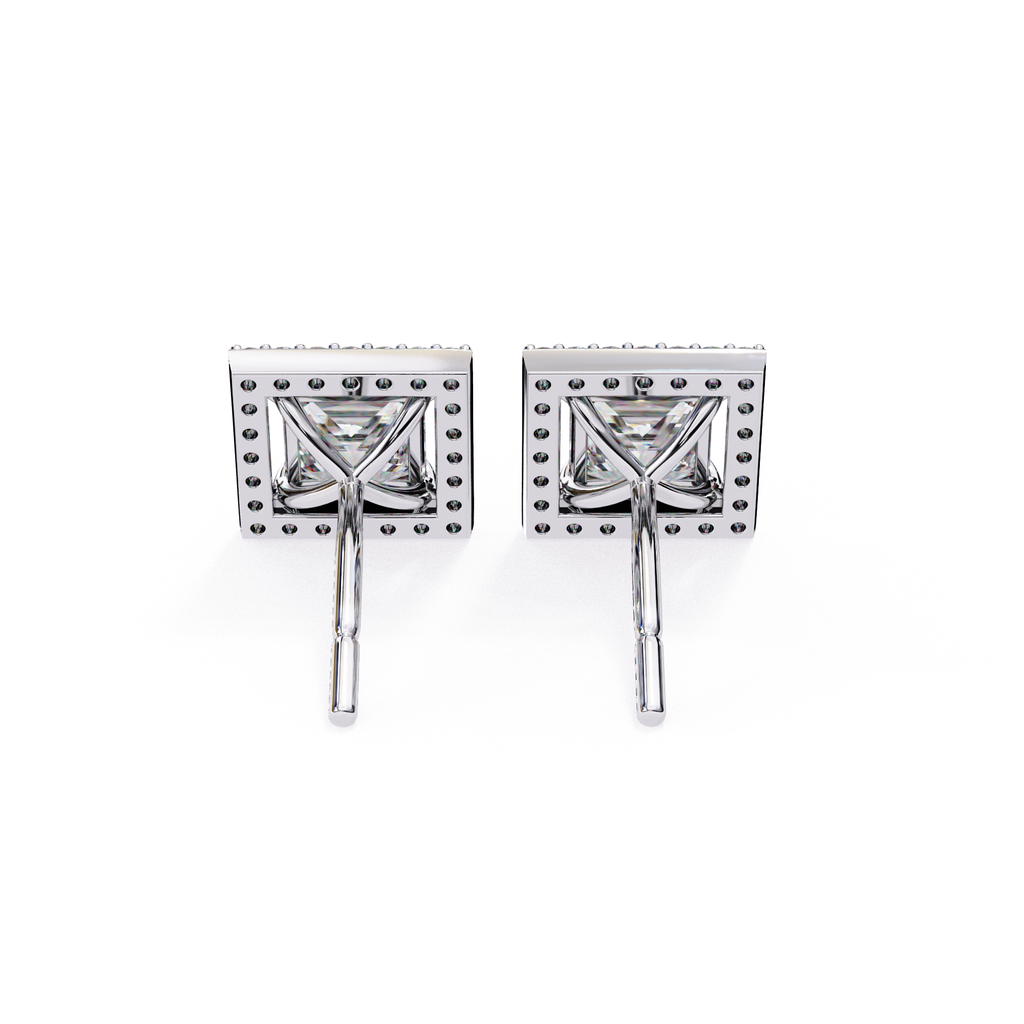 Premium white gold princess cut halo diamond stud earrings