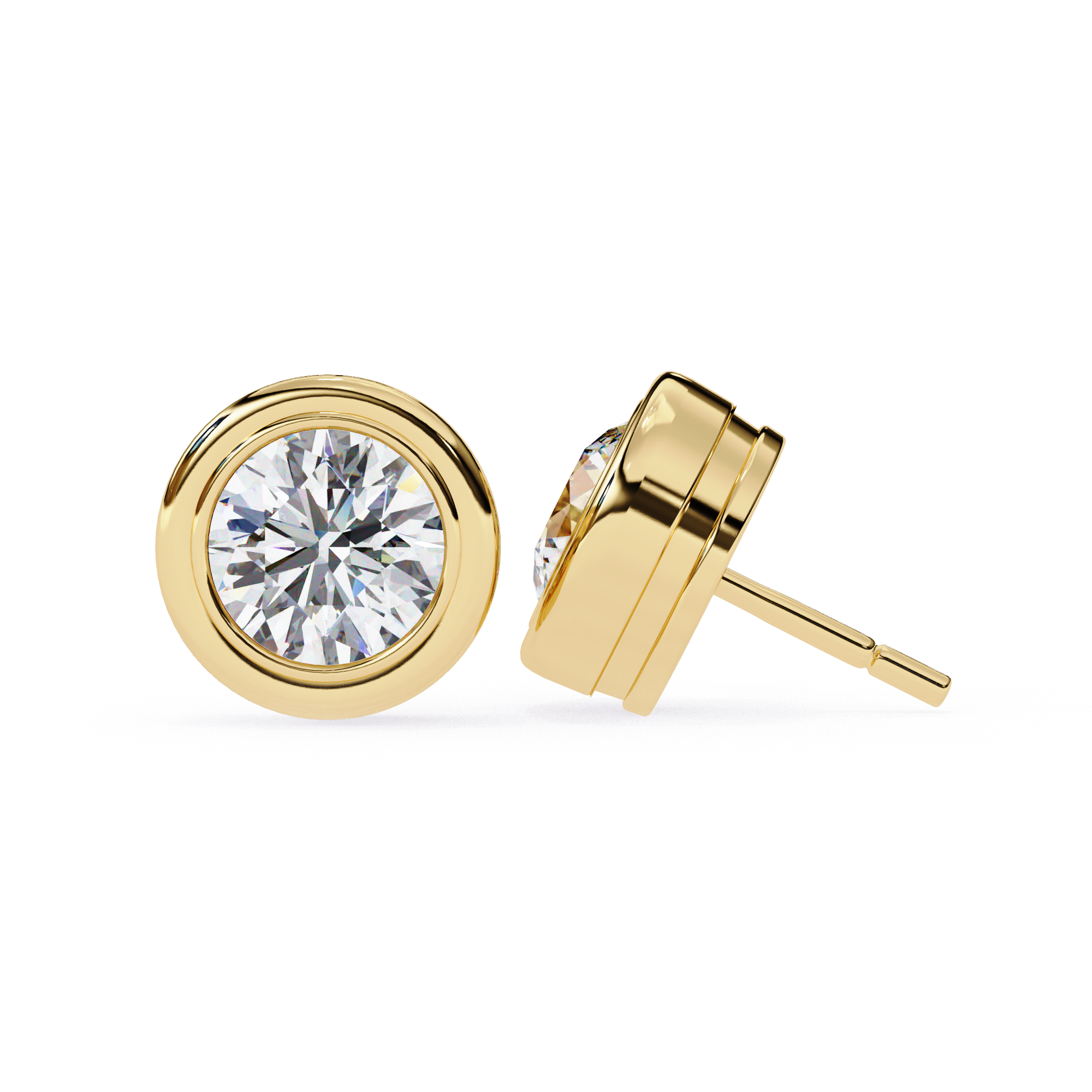 Round cut diamond stud earrings gold bezel setting