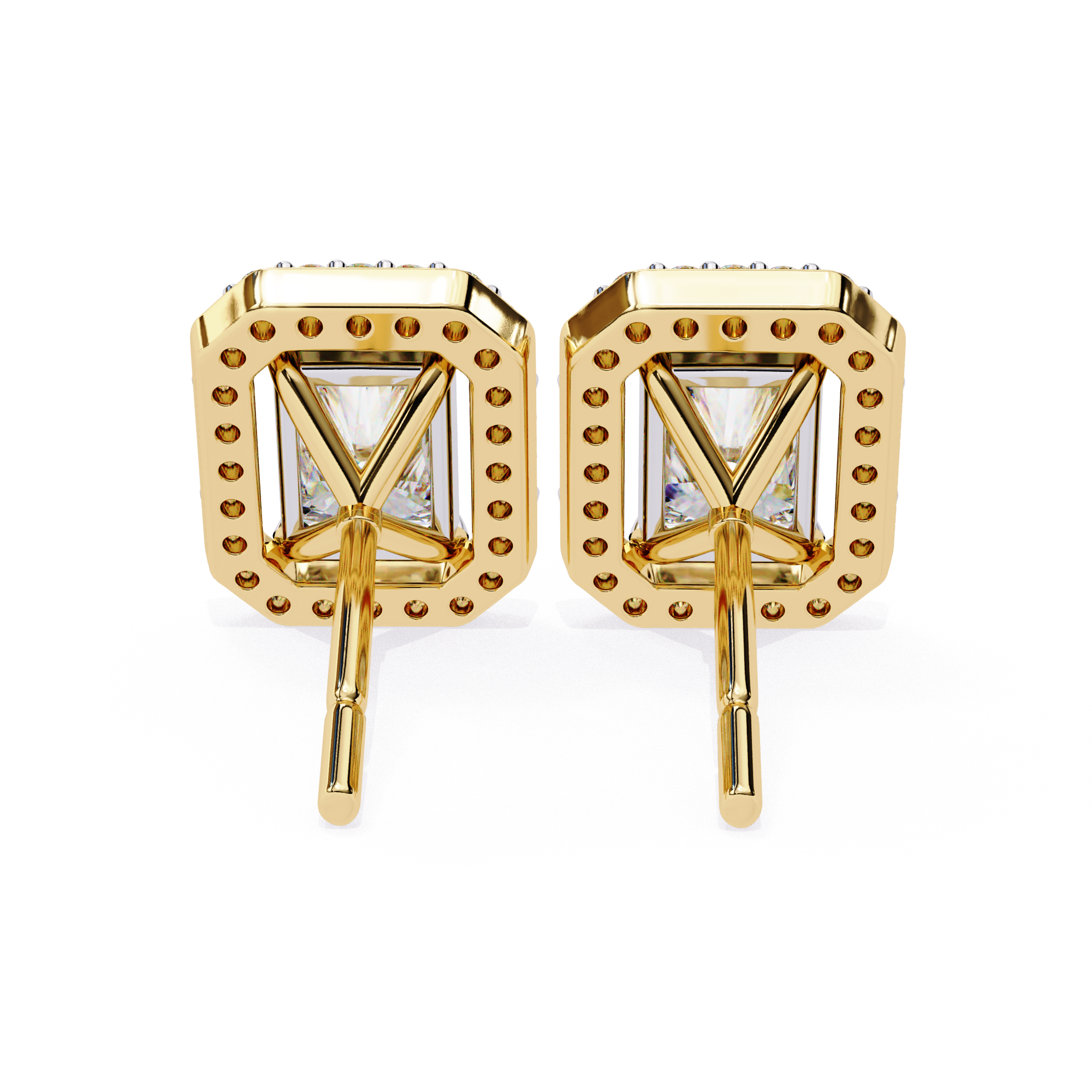 Premium gold Radiant cut halo diamond stud earrings