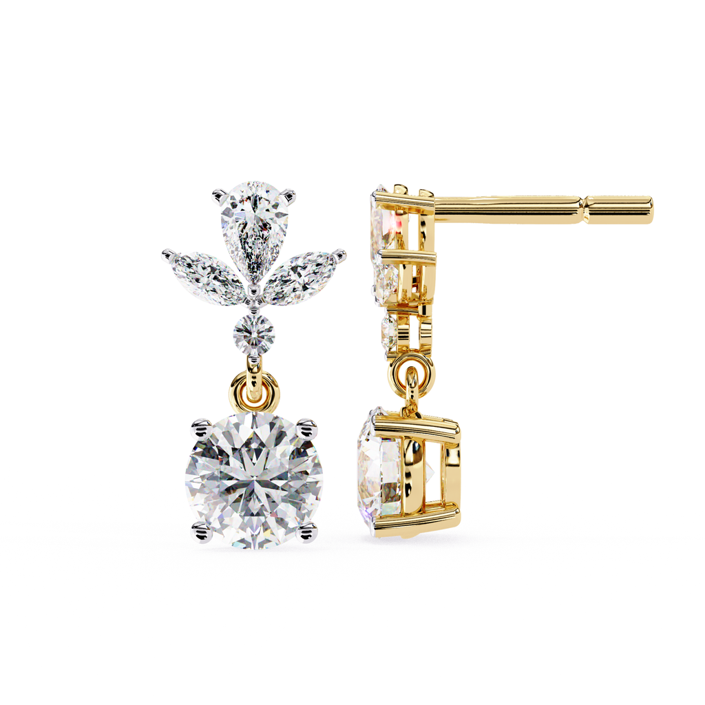 Round diamond earrings with pear and marquise accent in gold