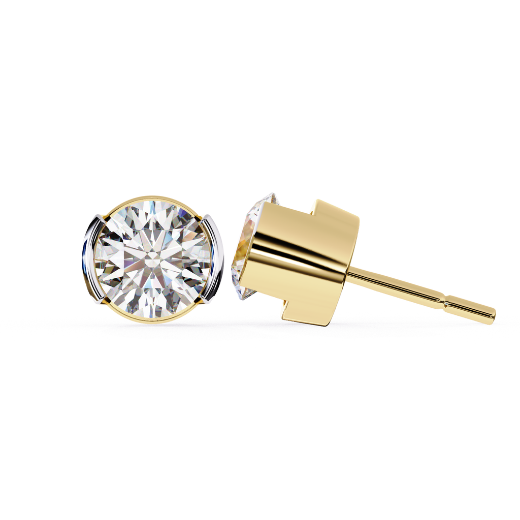 Round cut diamond stud earrings gold half bezel setting