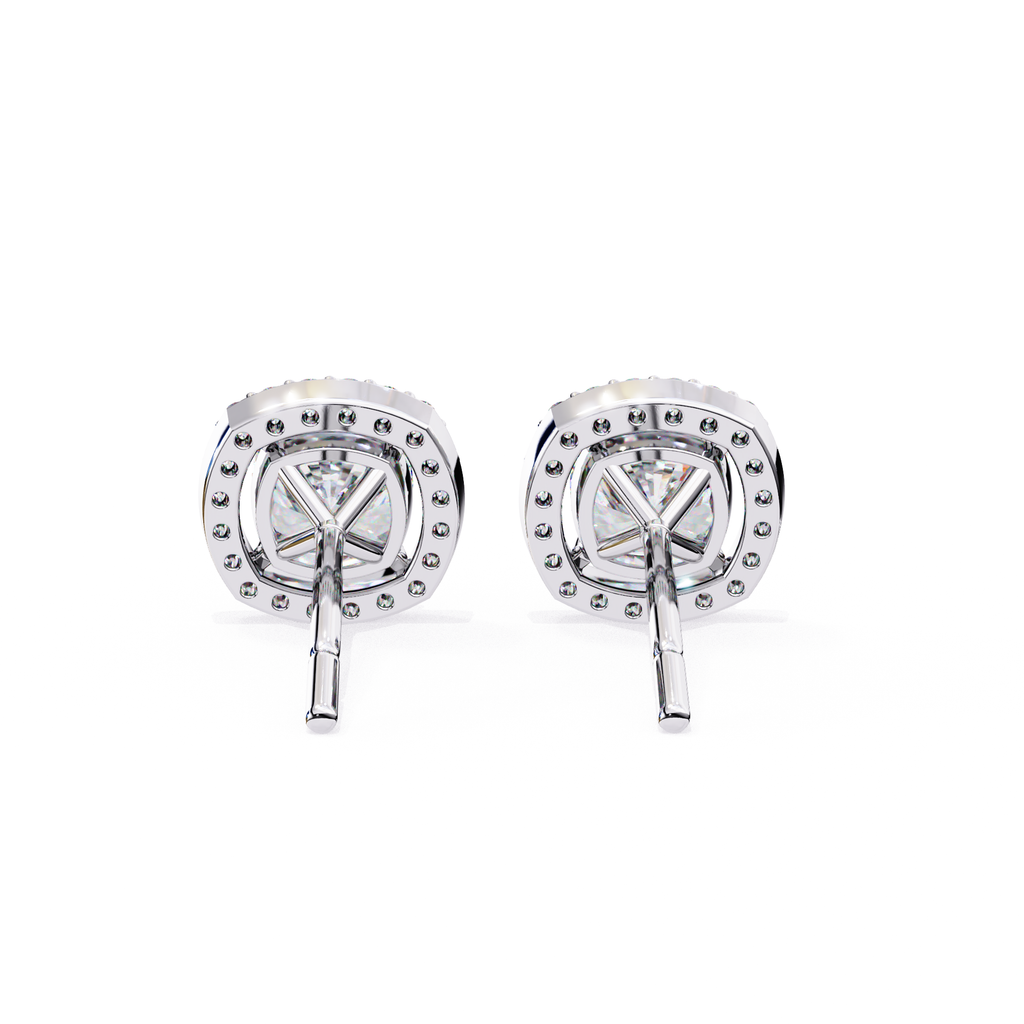 Premium white gold Cushion cut halo diamond stud earrings