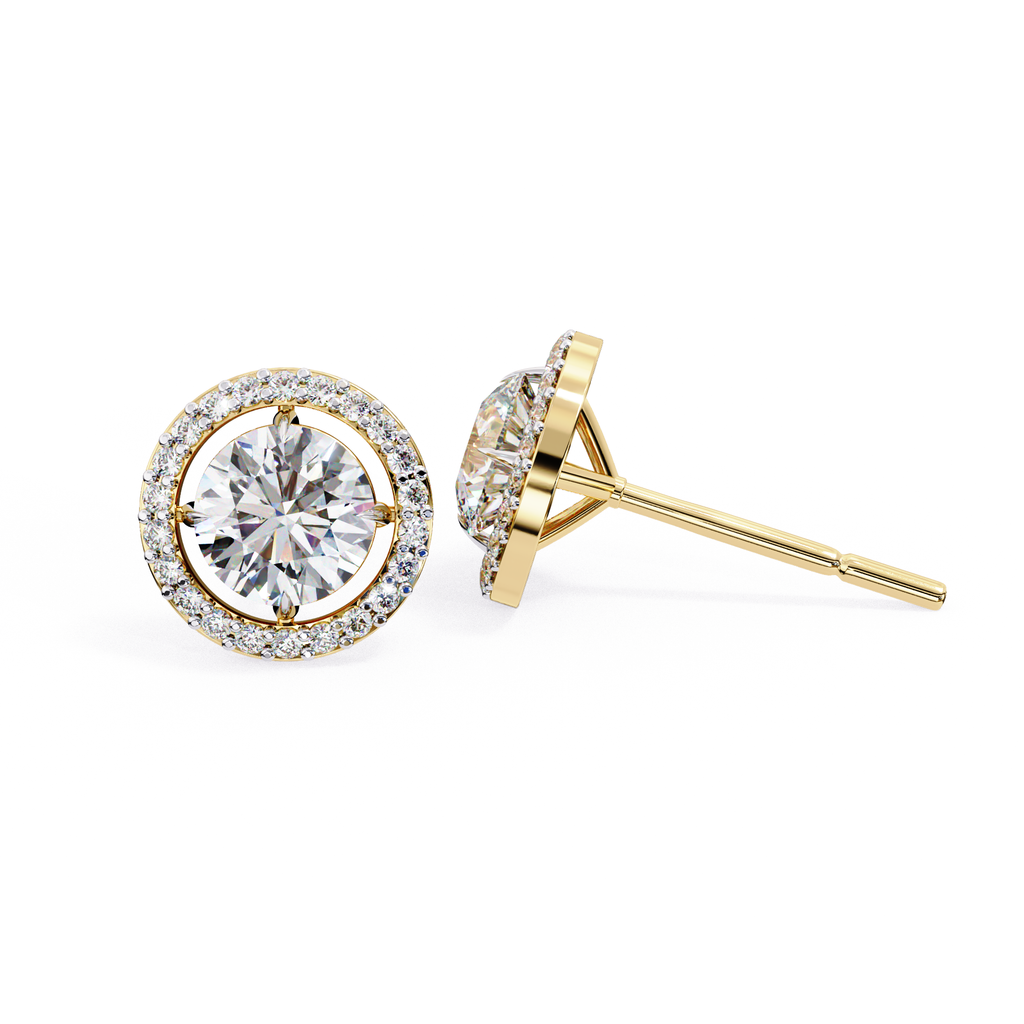 Round halo floating diamond stud earrings in gold