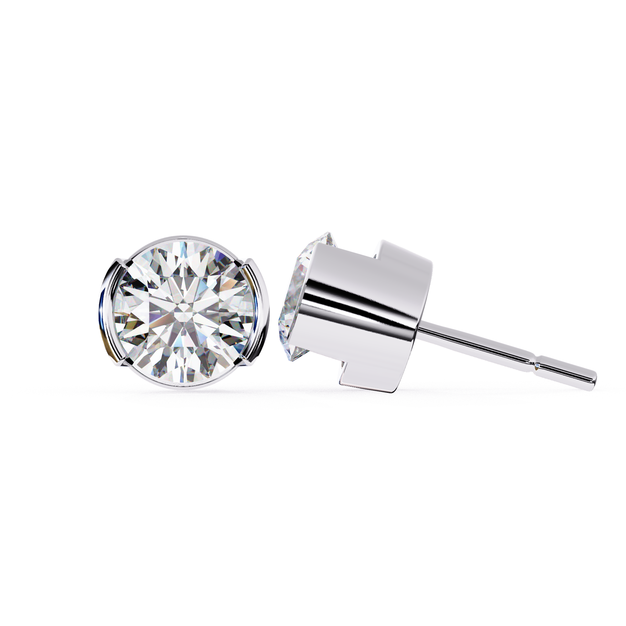 Round cut diamond stud earrings white gold half bezel setting