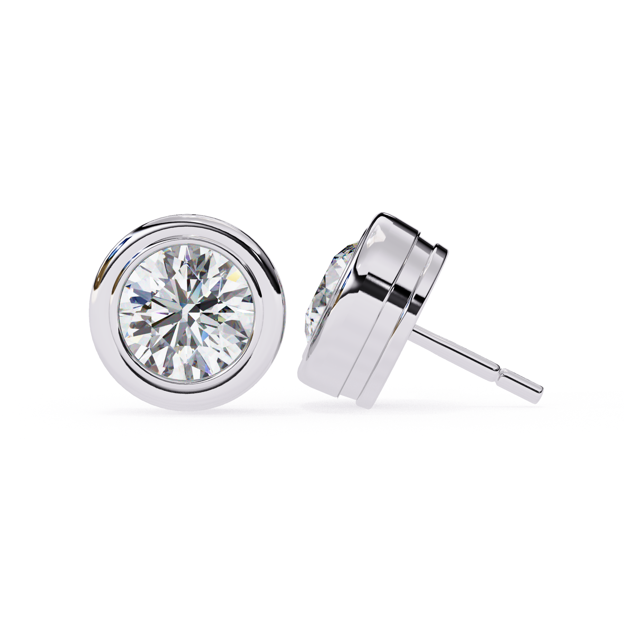 Round cut diamond stud earrings white gold bezel setting