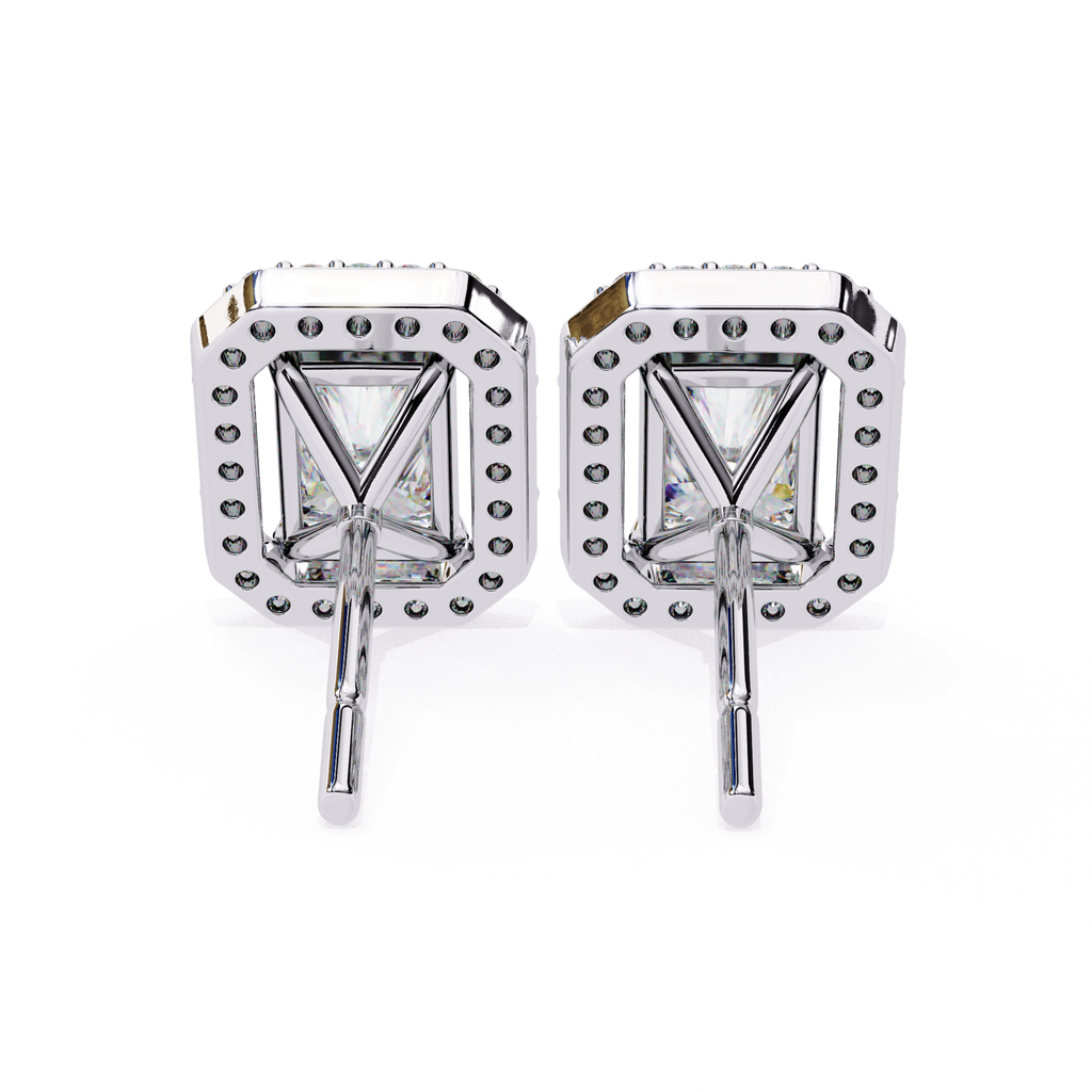 Premium white gold Radiant cut halo diamond stud earrings