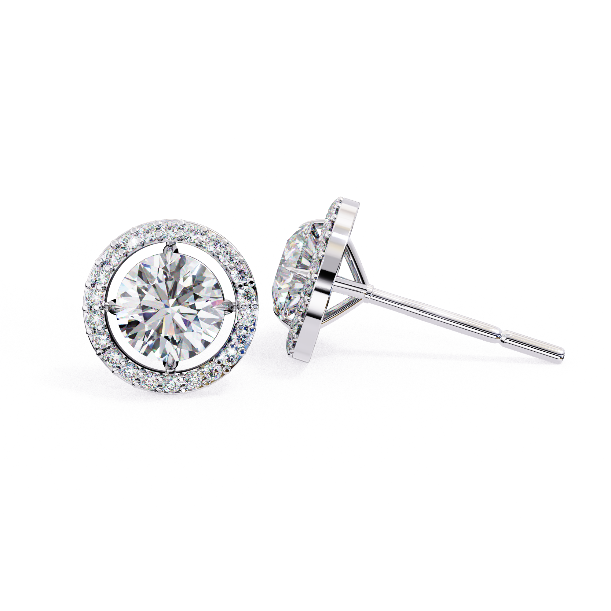 Round halo floating diamond stud earrings in White Gold