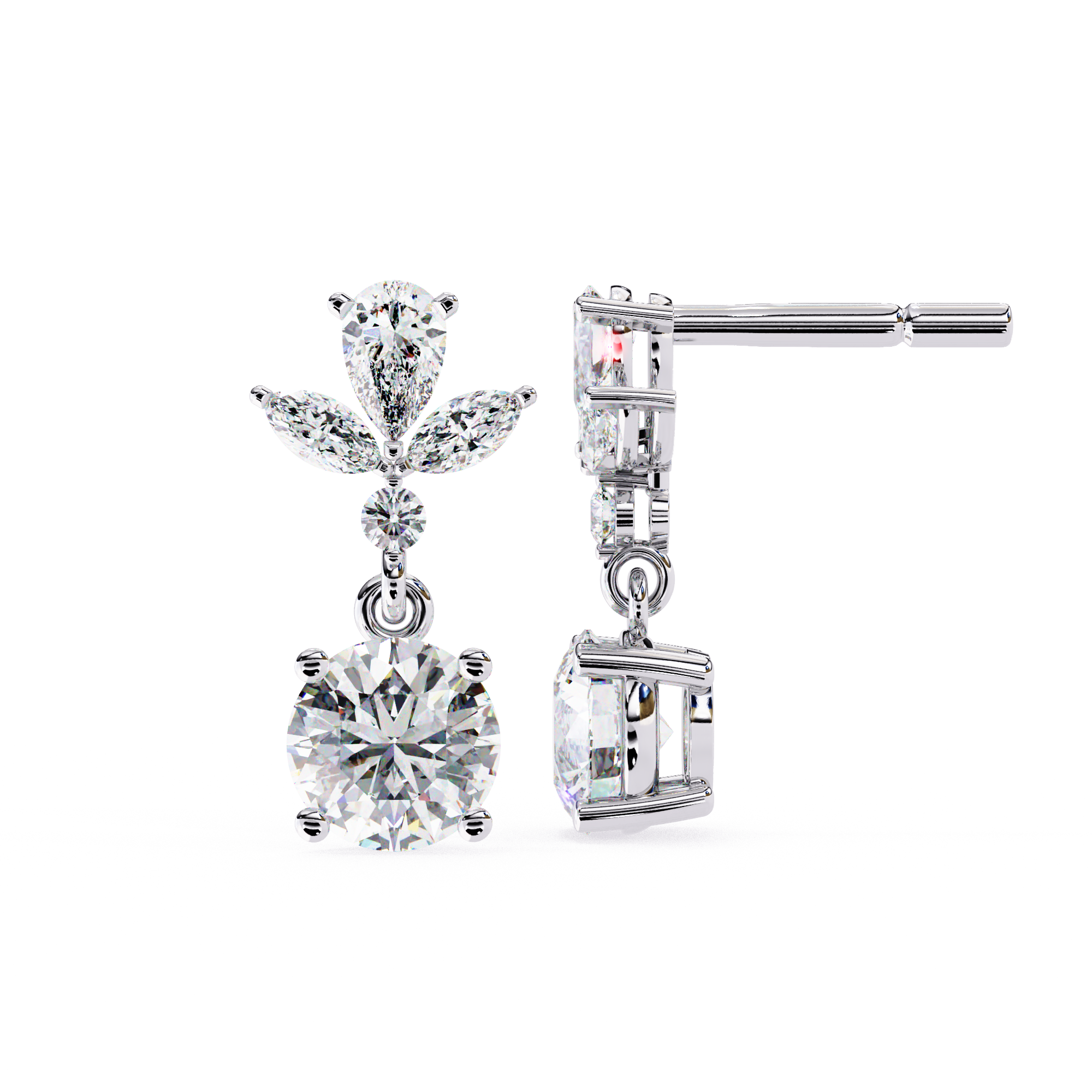 Round diamond earrings with pear and marquise accent in White Gold