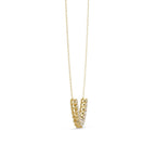 Gold necklace with a geometric pendant on a white background