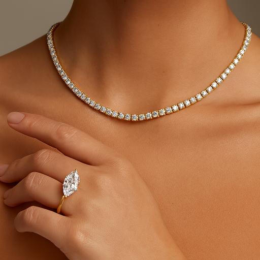 Diamond necklace and diamond ring on a woman