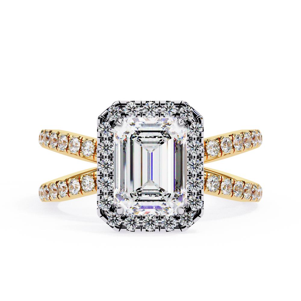 Emerald halo diamond ring in gold with crossover design