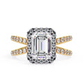 Emerald halo diamond ring in gold with crossover design