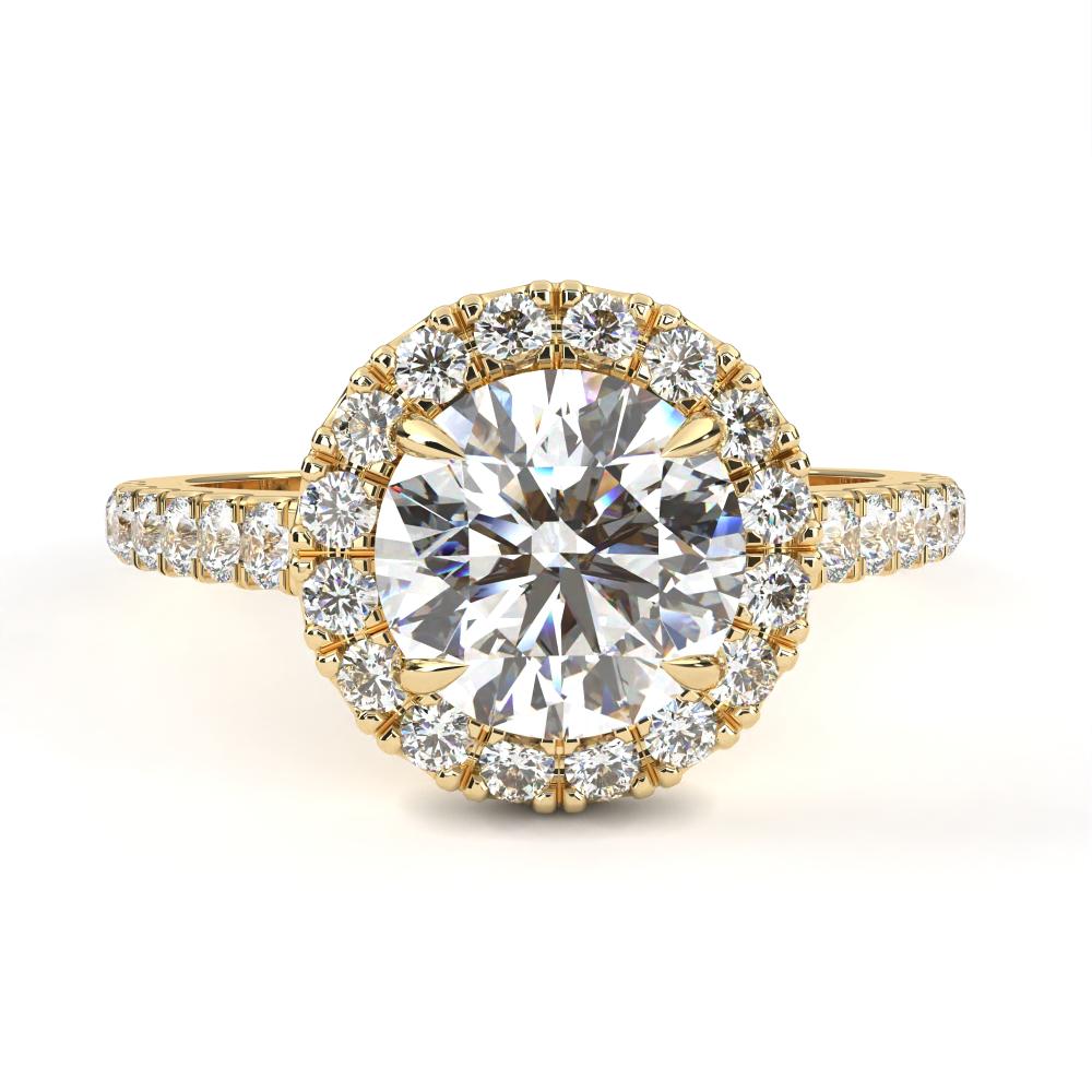 Round diamond halo engagement ring in gold with pavé band