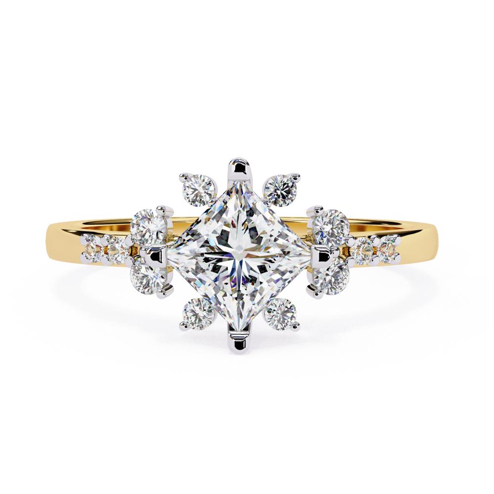 Princess cut diamond floral cluster engagement ring in gold