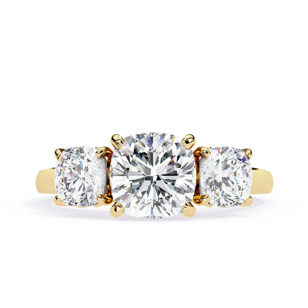 Lab grown cushion cut three-stone diamond ring in gold