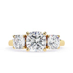 Lab grown cushion cut three-stone diamond ring in gold
