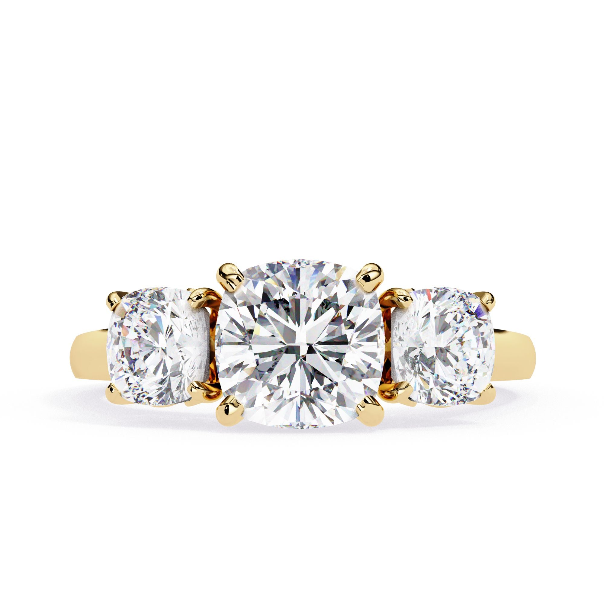 Lab grown cushion cut three-stone diamond ring in gold
