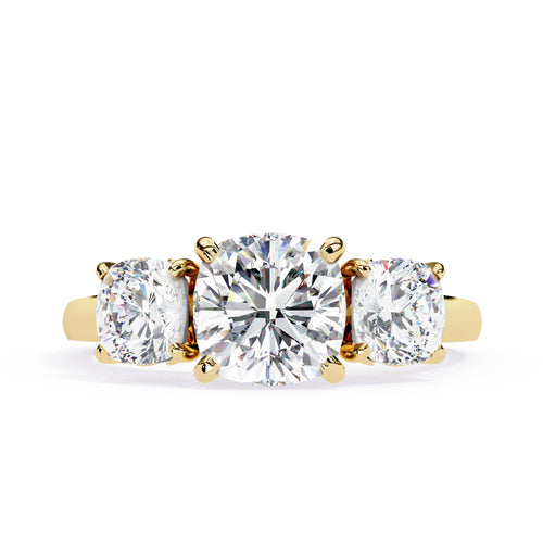 Lab grown cushion cut three-stone diamond ring in gold