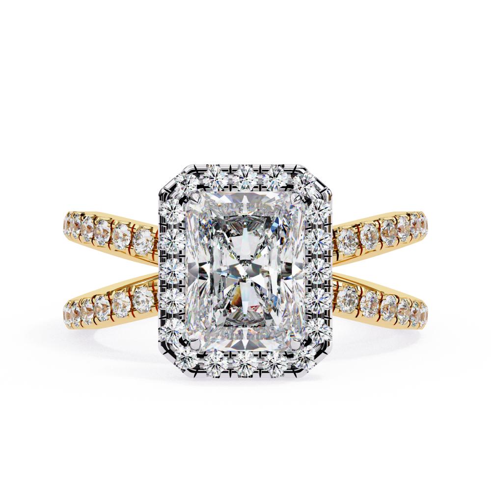 Radiant halo diamond ring in gold with crossover design
