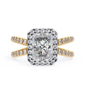 Radiant halo diamond ring in gold with crossover design