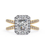 Radiant halo diamond ring in gold with crossover design