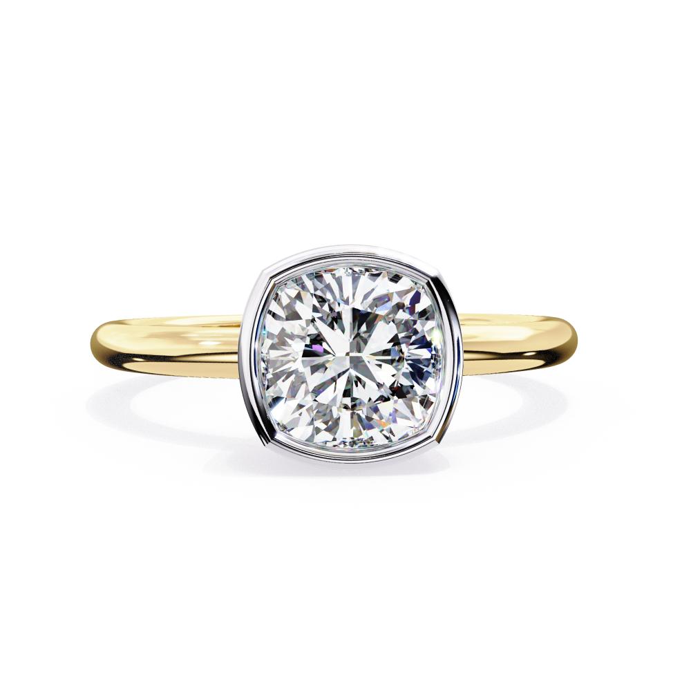 Bezel Floating Cushion Cut Solitaire Diamond Engagement Ring in Gold