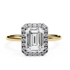 Round Brilliant Halo Emerald-Cut Diamond Ring in Gold