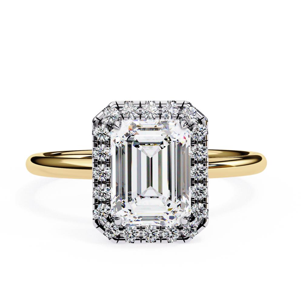 Round Brilliant Halo Emerald-Cut Diamond Ring in Gold